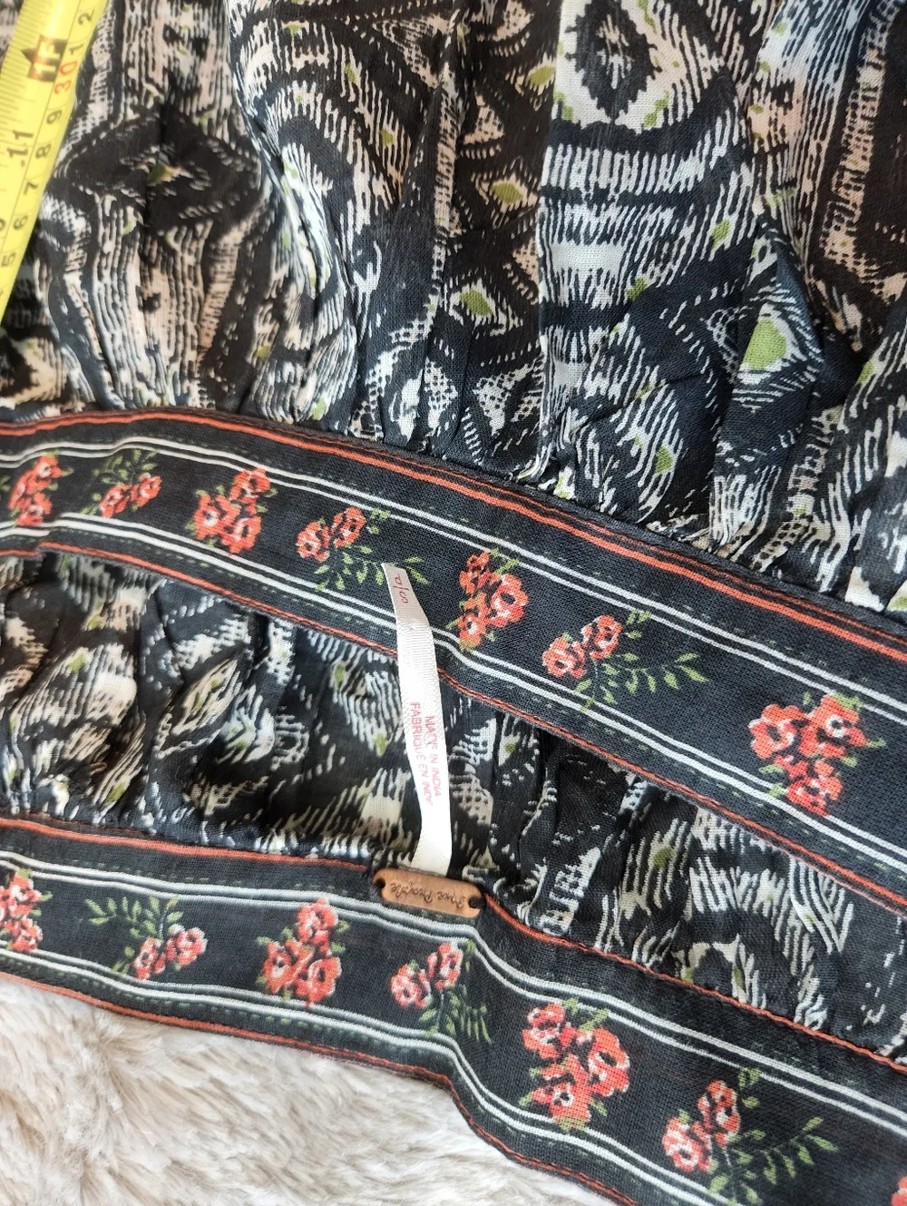 Bohemian Square-Neck Mixed Print Blouse - Black with Rust Accents